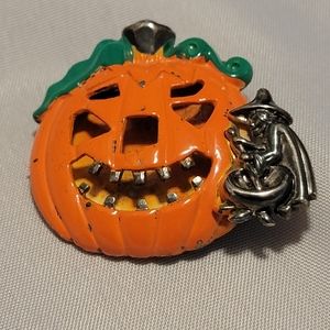 Signed "BEST" Halloween Pumpkin Brooch with Witch and Brew Pot Hand Painted